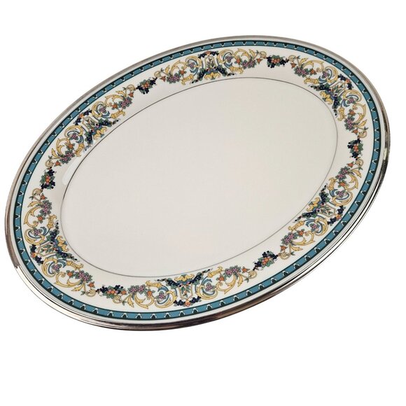 Lenox Fair Lady China Oval Serving Platter 16in Floral Scrolls Platinum Trim USA - Picture 1 of 9